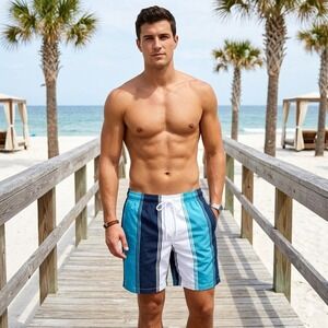 Express Mens Swim Trunks Medium Blue Teal White Striped Board Shorts Mesh Lined